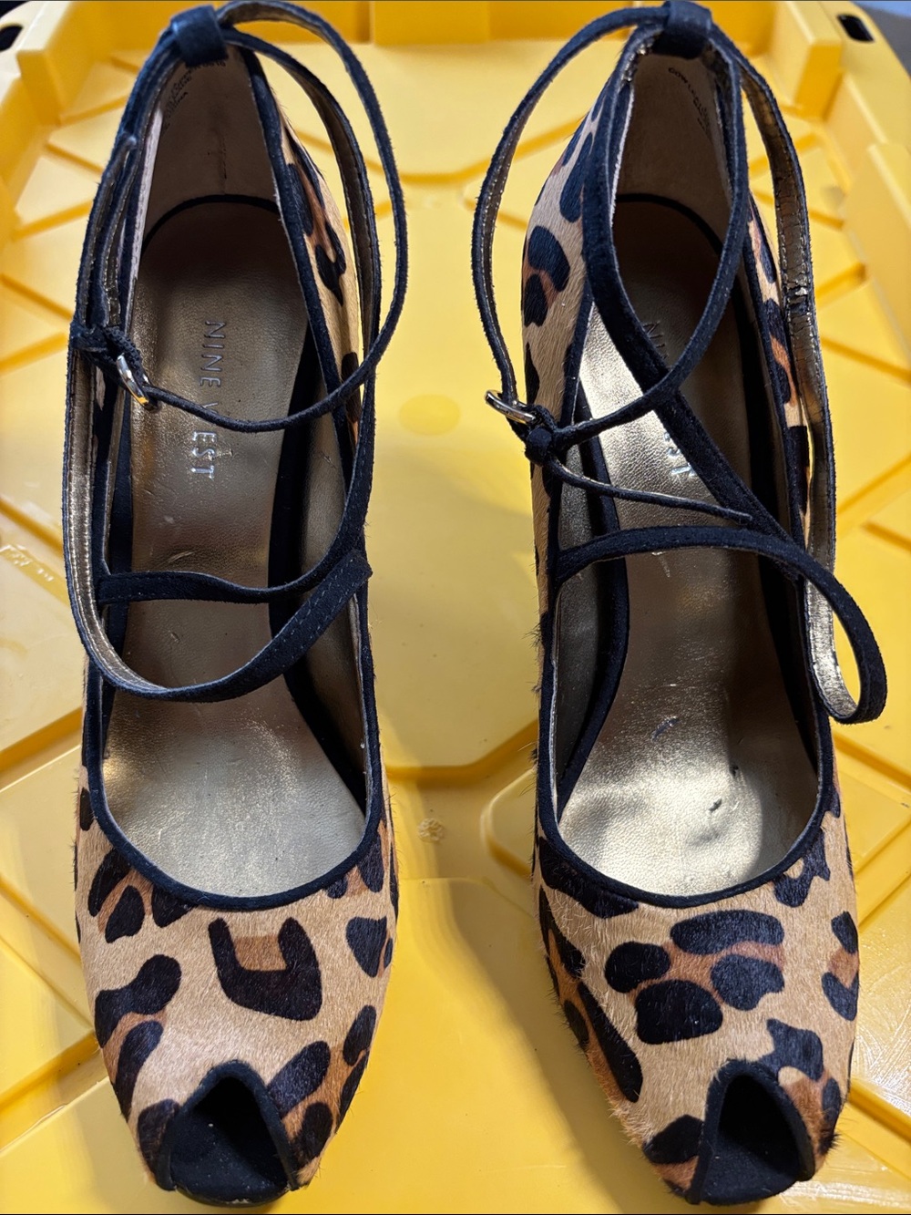 Nine West Leopard Print Peep-Toe Lace-Up Heels in Tan and Black